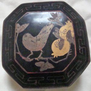 70s Octagonal Bird And Pomegranate Chinese Lidded Black Box
